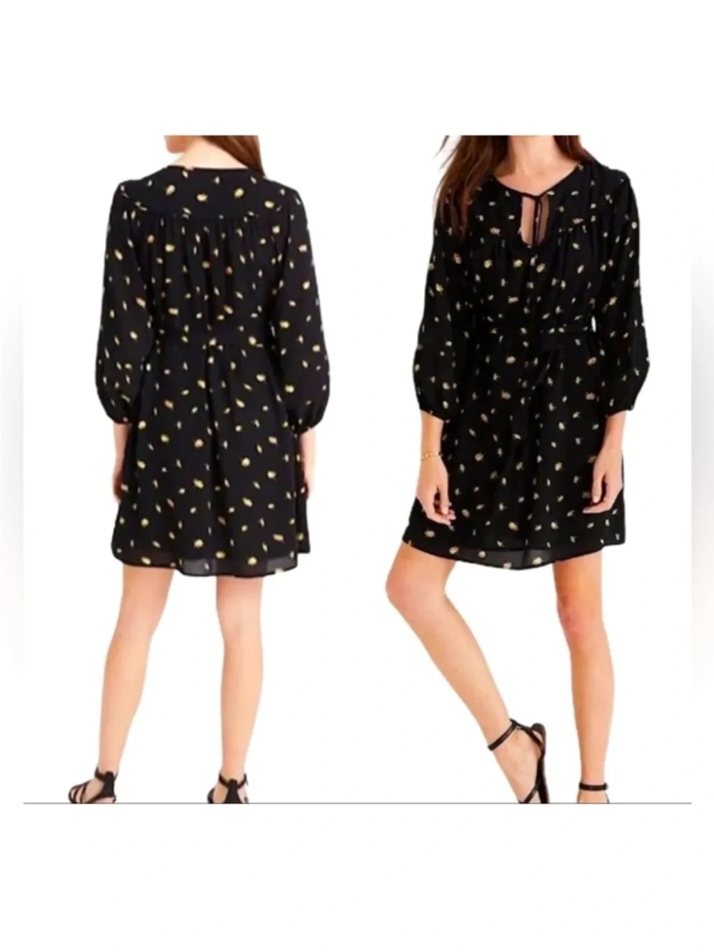 Madewell Black Floral V-Neck puff  Sleeve Dress large